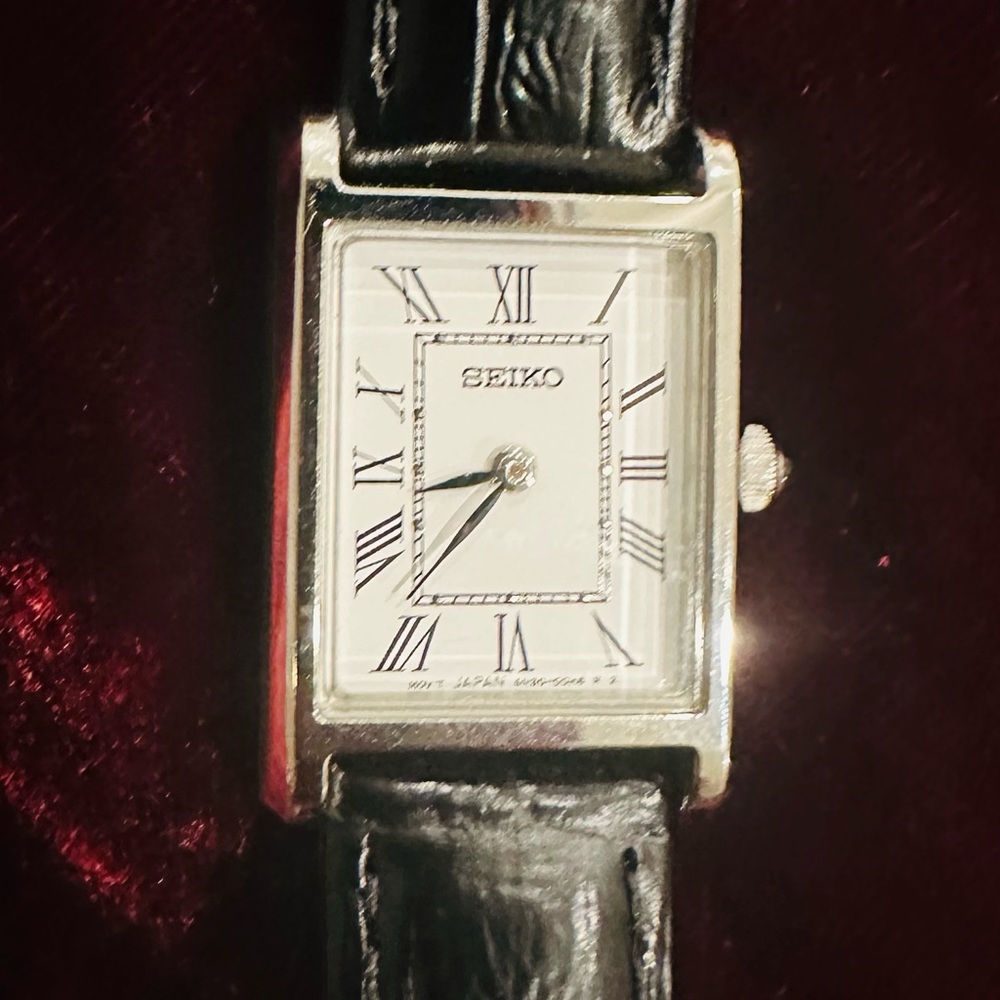 Seiko Tank Watch, White Dial, Rectangular Silver Case, Black Leather Band